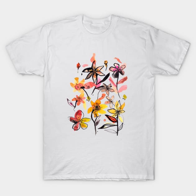 Pocket - Ink Flowers Yellow T-Shirt by ninoladesign